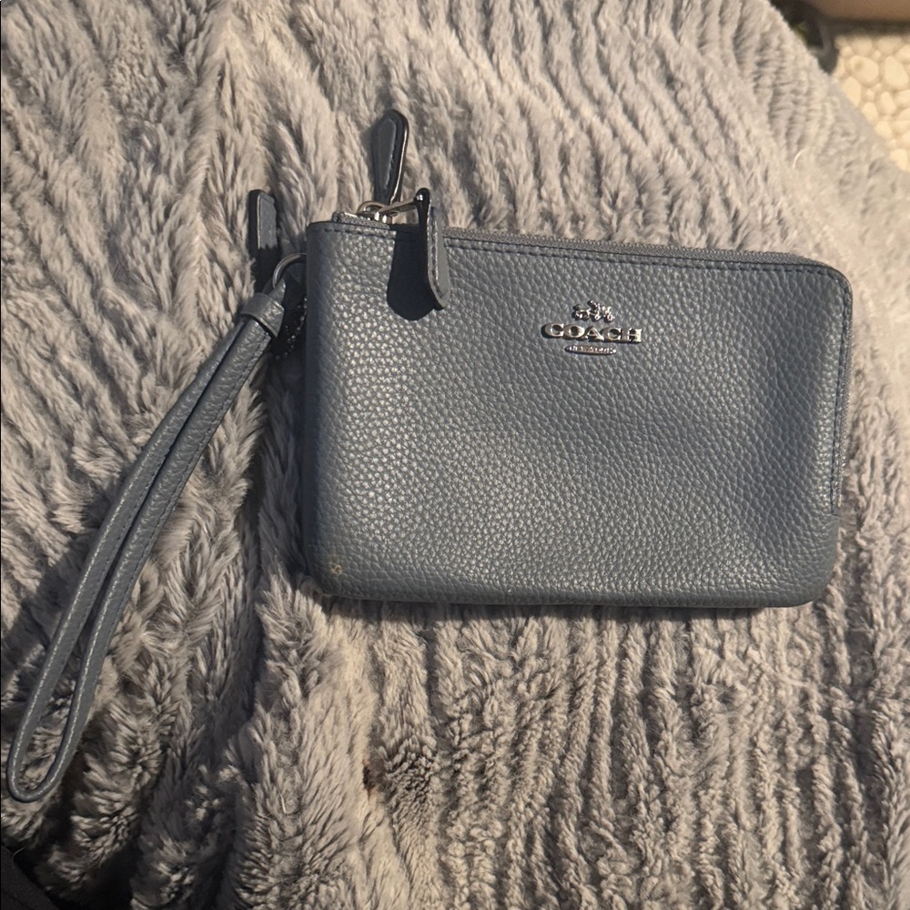 Coach Blue-Gray Pebbled Leather Wristlet with Strap
